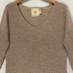 H&M LOGG Beige Knit V Neck 3/4‎ Sleeve Sweater Women Size S